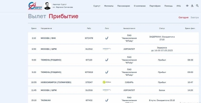 В аэропорту Сургута задерживаются 3 рейса на прилет.